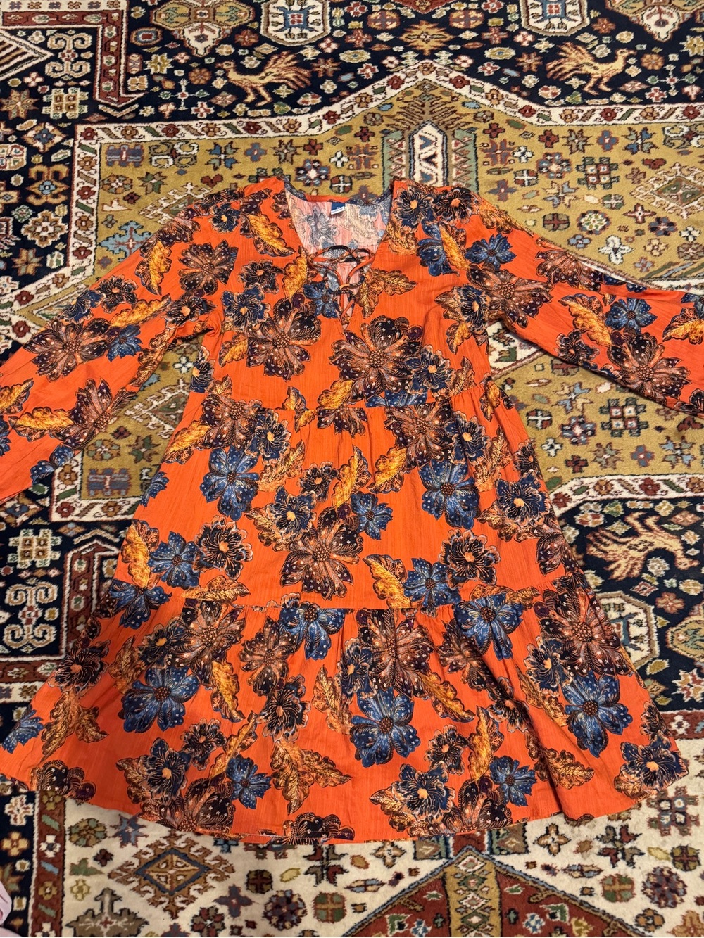 Old Navy Midi Vibrant Orange Floral Tiered Dress with Blue Accents XS
